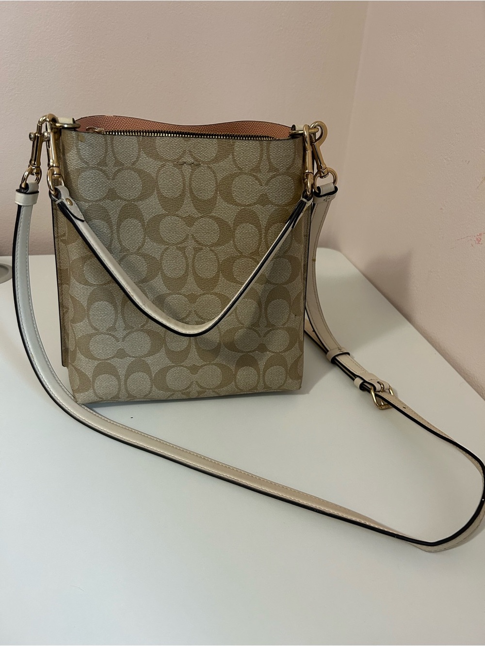 Coach Beige Signature Canvas Crossbody with Cream Trim